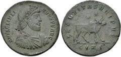 Julian II. AD 360-363. Æ (29mm, 7.93 g, 6h). Cyzicus mint, 3rd officina. Struck AD 361-363. Pearl and rosette-diademed, draped, and cuirassed bust right / Bull standing right; two stars above; CYZΓ. R