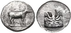 MACEDON, Dikaia. Circa 450-425/0 BC. AR Obol (11mm, 0.81 g, 6h). Bull standing right / Octopus within incuse square. Schönert-Geiss, Bisanthe –; AMNG II 59 (Thrace); SNG ANS –. Fine, some roughness, a