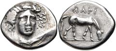THESSALY, Larissa. Circa 400-370 BC. AR Drachm (20.5mm, 6.01 g, 1h). Head of the nymph Larissa facing slightly right, with hair in ampyx / Horse grazing right. L-S Group 4, Head Type 23, dies O99/R2, 