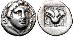 ISLANDS off CARIA, Rhodos. Rhodes. Circa 170-150 BC. AR Hemidrachm (11mm, 1.21 g, 12h). ‘Plinthophoric’ coinage. Dexikrates, magistrate. Radiate head of Helios facing slightly right / Rose with bud to