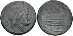 Anonymous. Circa 215-212 BC. Æ Semis (32mm, 21.16 g, 11h). Rome mint. Laureate head of Saturn right; S (mark of value) behind / Prow of galley right, with three almost parallel lines at keel; S (mark 