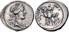 P. Licinius Crassus M.f. 55 BC. AR Denarius (20mm, 3.99 g, 1h). Rome mint. Diademed and draped bust of Venus right; S•C behind / Soldier standing left, holding spear and leading horse by bridle; cuira