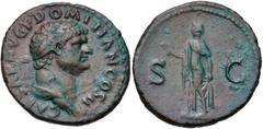 Domitian. As Caesar, AD 69-81. Æ As (26mm, 11.26 g, 6h). Rome mint. Struck under Vespasian, AD 73-74. Laureate and draped bust right / Spes standing left, holding flower and raising hem of skirt. RIC 