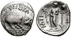 CELTIC, Britain. Atrebates. Verica. 10-43 AD. AR Unit (0.89 gm). Estimate $150 CELTIC, Britain. Atrebates. Verica. 10-43 AD. AR Unit (0.89 gm). VERICA REX, bull butting right / COMMI F, diademed figur