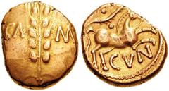 CELTIC, Britain. Catuvellauni & Trinovantes. Cunobelin. Circa 10-43 AD. AV Stater (5.40 gm). Linear Type. Estimate $600 CELTIC, Britain. Catuvellauni & Trinovantes. Cunobelin. Circa 10-43 AD. AV State