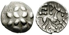 CELTIC, Britain. Corieltauvi. Circa 1-15 AD. AR Half Unit (0.49 gm). Vep Cor F Star Type. Estimate $400 CELTIC, Britain. Corieltauvi. Circa 1-15 AD. AR Half Unit (0.49 gm). Vep Cor F Star Type. Wreath