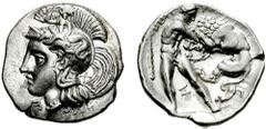CALABRIA, Tarentum. Circa 380-325 BC. AR Diobol (1.11 gm). Estimate $150 CALABRIA, Tarentum. Circa 380-325 BC. AR Diobol (1.11 gm). Head of Athena left, wearing triple crested helmet decorated with Sc