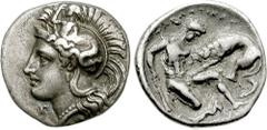 CALABRIA, Tarentum. Circa 380-325 BC. AR Diobol (1.26 gm). Estimate $150 CALABRIA, Tarentum. Circa 380-325 BC. AR Diobol (1.26 gm). Head of Athena left, wearing crested helmet decorated with Skylla; P