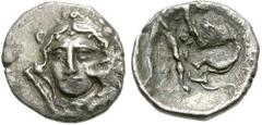 CALABRIA, Tarentum. Circa 325-280 BC. AR Diobol (1.05 gm). Estimate $250 CALABRIA, Tarentum. Circa 325-280 BC. AR Diobol (1.05 gm). Head of Herakles facing slightly left, wearing lion's skin headdress