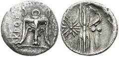 BRUTTIUM, Kroton. Circa 376-317 BC. AR Triobol (1.04 gm). Estimate $200 BRUTTIUM, Kroton. Circa 376-317 BC. AR Triobol (1.04 gm). Tripod; leaf to right / Thunderbolt flanked by sixteen-rayed star and 