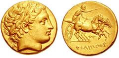 KINGS of MACEDON. Philip II. 359-336 BC. AV Stater (8.58 gm). Pella mint. Struck under Philip III or Alexander IV (Cassander), circa 323-315 BC. Estimate $1500 KINGS of MACEDON. Philip II. 359-336 BC.