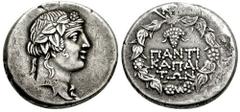 TAURIC CHERSONESOS. Pantikapaion. Circa 90-79 BC. AR Didrachm (8.44 gm). Estimate $500 TAURIC CHERSONESOS. Pantikapaion. Circa 90-79 BC. AR Didrachm (8.44 gm). Head of Dionysos right, wearing wreath o