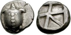ISLANDS off ATTICA, Aegina. Circa 480-457 BC. AR Stater (12.24 gm). Estimate $1000 ISLANDS off ATTICA, Aegina. Circa 480-457 BC. AR Stater (12.24 gm). Sea-turtle (T-backed); head seen in profile / Lar