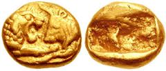 KINGS of LYDIA. Time of Kroisos. Circa 561-546 BC. AV Sixth Stater (1.32 gm). Light Series. Sardes mint. Estimate $1000 KINGS of LYDIA. Time of Kroisos. Circa 561-546 BC. AV Sixth Stater (1.32 gm). Li