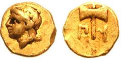 SATRAPS of CARIA. Pixodaros. 340-334 BC. AV Hemiobol - 1/24th Stater (0.35 gm). Estimate $500 SATRAPS of CARIA. Pixodaros. 340-334 BC. AV Hemiobol - 1/24th Stater (0.35 gm). Laureate head of Apollo le