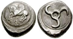 DYNASTS of LYCIA. Uncertain. Circa 460-440 BC. AR Stater (9.95 gm). Estimate $500 DYNASTS of LYCIA. Uncertain. Circa 460-440 BC. AR Stater (9.95 gm). Pegasos flying left on round shield; monogram belo