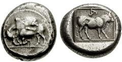 DYNASTS of LYCIA. Uncertain. Circa 460-440 BC. AR Stater (8.81 gm). Estimate $500 DYNASTS of LYCIA. Uncertain. Circa 460-440 BC. AR Stater (8.81 gm). Lion, right, attacking bull kneeling to left, biti