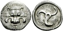DYNASTS of LYCIA. Trbbenimi. Circa 380-370 BC. AR Stater (9.85 gm). Estimate $1500 DYNASTS of LYCIA. Trbbenimi. Circa 380-370 BC. AR Stater (9.85 gm). Facing lion's scalp; T below / Lycian triskeles w