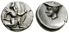 CILICIA, Uncertain City/Satrap. Circa 4th century BC. AR Tetartemorion (0.22 gm). Estimate $150 CILICIA, Uncertain City/Satrap. Circa 4th century BC. AR Tetartemorion (0.22 gm). Persian king right, in