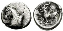 CILICIA, Uncertain City/Satrap. Circa 4th century BC. AR Hemiobol (0.38 gm). Estimate $150 CILICIA, Uncertain City/Satrap. Circa 4th century BC. AR Hemiobol (0.38 gm). Protome of bridled horse left / 
