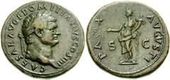 DOMITIAN, as Caesar. 69-81 AD. Æ Sestertius (28.12 gm). Rome mint. Struck 76 AD. Estimate $500 DOMITIAN, as Caesar. 69-81 AD. Æ Sestertius (28.12 gm). Rome mint. Struck 76 AD. Laureate head right / Pa