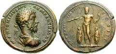 MARCUS AURELIUS. 161-180 AD. Æ Medallion (40mm, 51.78 gm). Struck 168 AD. Estimate $7500 MARCUS AURELIUS. 161-180 AD. Æ Medallion (40mm, 51.78 gm). Struck 168 AD. M ANTONINVS AVG ARM PARTH MAX, laurea