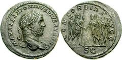 CARACALLA. 212-217 AD. Æ Sestertius (27.23 gm). Struck 211-212 AD. Estimate $1500 CARACALLA. 212-217 AD. Æ Sestertius (27.23 gm). Struck 211-212 AD. Laureate bust right, drapery on left shoulder / Car