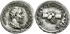 PUPIENUS. 238 AD. AR Antoninianus (4.85 gm). Estimate $400 PUPIENUS. 238 AD. AR Antoninianus (4.85 gm). Radiate, draped, and cuirassed bust right, seen from behind / Clasped hands. RIC IV 10b; BMCRE 8