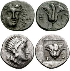 ISLANDS off CARIA. Rhodos. Rhodes. Lot of 2 AR Drachms. Includes the following: Circa 230-205 BC. AR Drachm (15mm, 2.82 gm). Head of Helios facing slightly right / Rose; tripod left, [ EΥKΡATHΣ ] abov