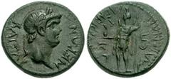 LYDIA, Maeonia. Nero. 54-68 AD. Æ 15mm (2.82 gm). Menekrates, magistrate. Laureate head right / Men standing left, holding pinecone and sceptre. RPC I 3015. VF, green patina.