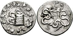 LYDIA, Tralles. Circa 145-140 BC. AR Cistophoric Tetradrachm (29mm, 12.58 gm). Serpent crawling from cista mystica with open lid; all within ivy wreath / Bow-case surrounded by two serpents; sTyche st