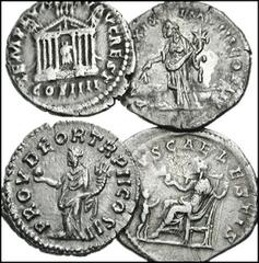 ROMAN IMPERIAL. Second and Third century. Lot of four AR Denarii. Lot includes the following: ANTONINUS PIUS. Octastyle temple, Augustus and Livia seated within // MARCUS AURELIUS. Annona standing lef