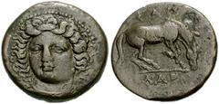 THESSALY, Larissa. Circa 395-344 BC. Æ 18mm (4.15 gm). Head of the nymph Larissa facing slightly left / Horse right, about to roll. Cf. Herrmann pl. V, 6; SNG Copenhagen -; BMC Thessaly -. Choice VF, 