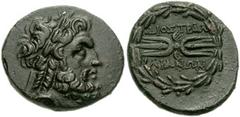 LYDIA, Tralles. After 133 BC. Æ 20mm (5.62 gm). Laureate head of Zeus right / Winged thunderbolt within wreath. SNG Kayhan 1010; SNG von Aulock -. Good VF, brown patina.