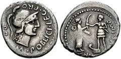 CN. POMPEY JUNIOR, son of Pompey the Great. 46-45 BC. AR Denarius (19mm, 3.51 gm). Spanish mint. Helmeted head of Roma right / Hispania standing right, holding shield and two spears, presenting palm t