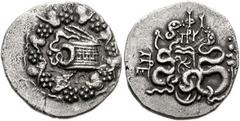 MYSIA, Pergamon. Circa 166-67 BC. AR Cistophoric Tetradrachm (26mm, 12.10 gm). Struck circa 76-67 BC. Cista mystica with serpent; all within ivy wreath / Bow-case with serpents; ΦI and monogram above,