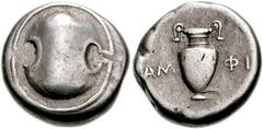 BOEOTIA, Thebes. Circa 395-338 BC. AR Stater (21mm, 11.98 gm). Boeotian shield / Amphora; magistrate AM-ΦI. Hepworth, "The 4th Century BC Magistrate Coinage of the Boiotian Confederacy," in Nomismatik