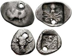 EUBOIA, Eretria. Circa 500-465 BC. Lot of two AR. Inlcudes the following: Hemidrachm (16mm, 1.52 gm). Cow standing left, scratching ear with hoof / Octopus within incuse square. BCD 321; Dewing 1545 /