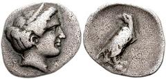 ELIS, Olympia. Circa 350s-324 BC. AR Hemidrachm (17mm, 2.55 gm). Hera mint. Struck circa 350s BC. Head of Hera right, wearing stephane / Eagle standing right on rock, head turned to left. BCD 331.9 (t