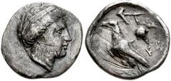 ELIS, Olympia. Circa 350-324 BC. AR Hemidrachm (17mm, 2.42 gm). Hera mint. Struck circa 330s BC. Diademed head of nymph Olympia right / Eagle standing left, branch with grapes to right. BCD 336.3 (thi