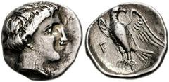 ELIS, Olympia. Circa 350s-324 BC. AR Hemidrachm (16mm, 2.87 gm). Hera mint. Struck circa 320s BC. Head of nymph Olympia right / Eagle standing left, head turned to right. BCD 336.11 (this coin); Seltm