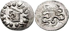 LYDIA, Tralles. Circa 128-85 BC. AR Cistophoric Tetradrachm (27mm, 12.58 gm). Dion, magistrate. Cista mystica with serpent, all within ivy wreath / Bow-case with serpents; lyre right. SNG von Aulock 3