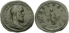 PUPIENUS. 238 AD. Æ Sestertius (34mm, 23.90 gm). Laureate, draped, and cuirassed bust right / Pupienus standing left, holding branch and parazonium. RIC IV 15; Cohen 30. VF, brown patina.