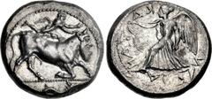 SICILY, Katane. Circa 461-450 BC. AR Tetradrachm (26mm, 17.31 g, 12h). River-god Amenanos as a man-headed bull kneeling right; above, satyr running right, hands extended and raised before him; in exer