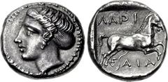 THESSALY, Larissa. Circa 404 BC. AR Drachm (18.5mm, 6.05 g, 3h). Head of the nymph Larissa left, hair bound in sakkos, wearing single-pendant earring / Bridled horse leaping right; ΛΑΡΙ/Σ-ΑΙΑ above an