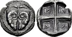 PHOKIS, Delphi. Circa 479-475 BC. AR Tridrachm (25.5mm, 14.82 g). Two rhyta (drinking vessels) in the form of ram’s heads; above, two dolphins confronted; ΔAΛΦ-I-KON in small letters below (traces vis