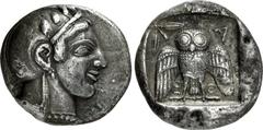 ATTICA, Athens. Circa 469/5-460 BC. AR Dekadrachm (34mm, 42.78 g, 10h). Head of Athena right, wearing single-pendant earring, necklace, and crested Attic helmet decorated with three olive leaves over 
