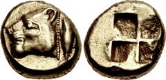 MYSIA, Kyzikos. Circa 550-450 BC. EL Hekte – Sixth Stater (9.5mm, 2.62 g). Head of lion left; to right, tunny upward / Quadripartite incuse square. Von Fritze I 39; Greenwell 115; Boston MFA 1415 = Wa