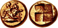 MYSIA, Kyzikos. Circa 450-330 BC. EL Hekte – Sixth Stater (10mm, 2.68 g). Nude Herakles kneeling left in foreground, and his brother, Iphikles, also nude, kneeling right in background, fighting Hera’s
