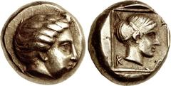 LESBOS, Mytilene. Circa 377-326 BC. EL Hekte – Sixth Stater (10mm, 2.55 g, 1h). Head of female (Leda?) right / Head of Nike right, hair bound by band; N-I-K-A around; all in linear square within incus